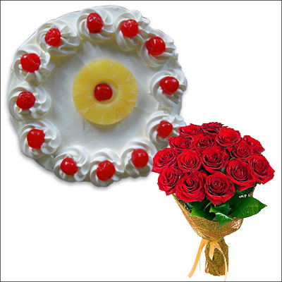 "Pine apple cake- Half KG , 12 Red Roses Bunch - Click here to View more details about this Product